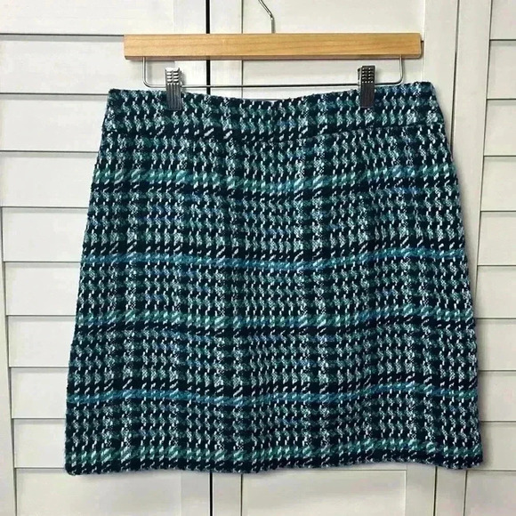 LOFT Wool Blend Tweed Zipper Mini Skirt Size 8 Navy, Teal & White - Picture 6 of 8